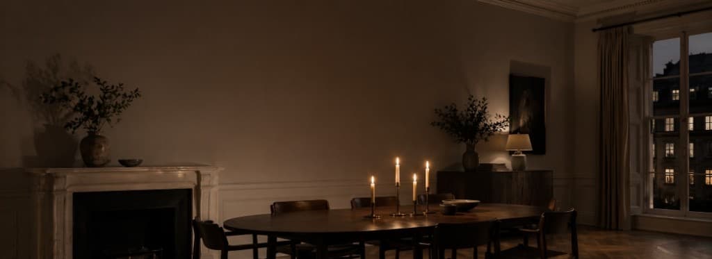 Elegant dining room at dusk with candlelight on a dark wood table and soft city light through the window — ready to send proposals that match the moment.